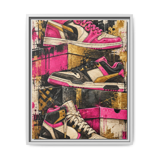 A framed art print featuring a stylized collage of three pink, black, white, and gold sneakers stacked on top of paint-splattered boxes, shown against a plain white background.