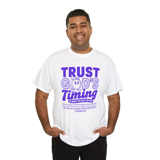Man wearing a white t-shirt with purple text on a white background