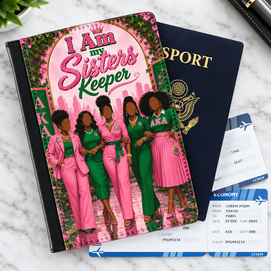 A passport wallet or passport holder featuring a colorful illustration of five women in pink and green outfits with the text 'I Am my Sister's Keeper' AKA. The cover is styled on a wooden desk alongside a passport, a car key fob, and boarding passes.