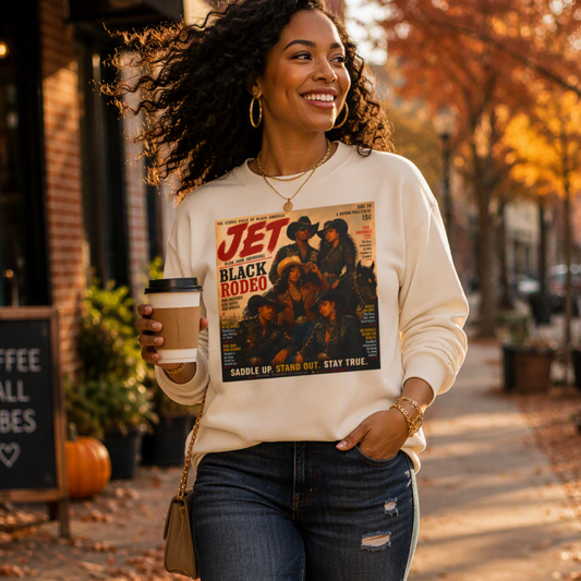 A woman walking on an autumn street wearing a cream sweatshirt with a vintage-style 'Jet Black Roads' graphic print, paired with distressed blue jeans and holding a coffee cup.