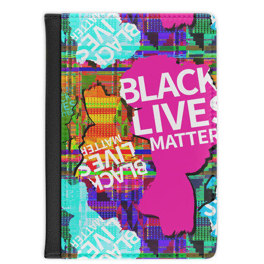 A protective folio case featuring a vibrant, multicolored Black Lives Matter design with a pink silhouette, on a solid white background.
