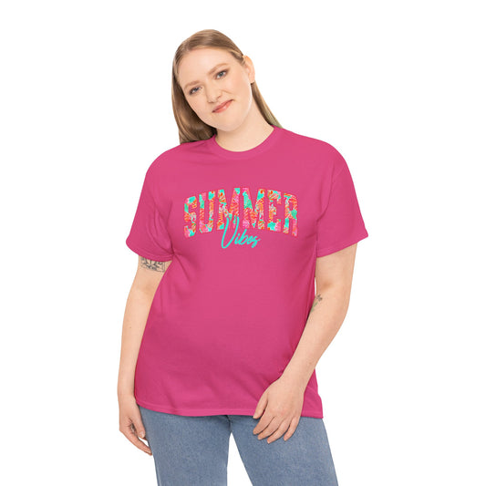 Woman wearing a pink t-shirt with 'Summer Vibes' text on a white background