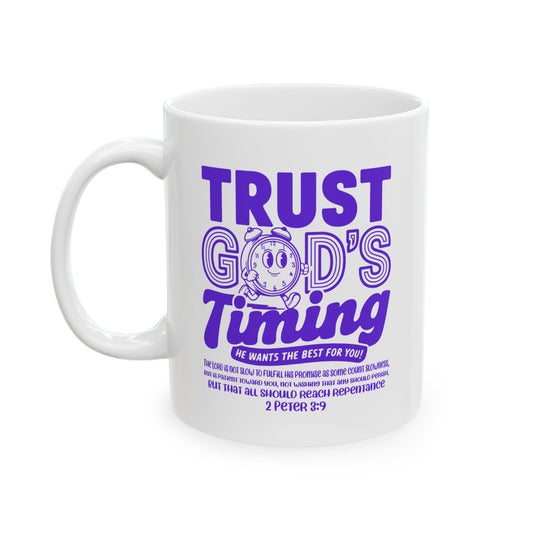 White mug with purple text 'Trust God's Timing' on a white background