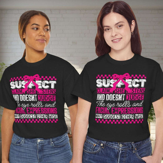 Funny Heavy Cotton Tee - 'Suspect Claims She Listens' for Casual Wear