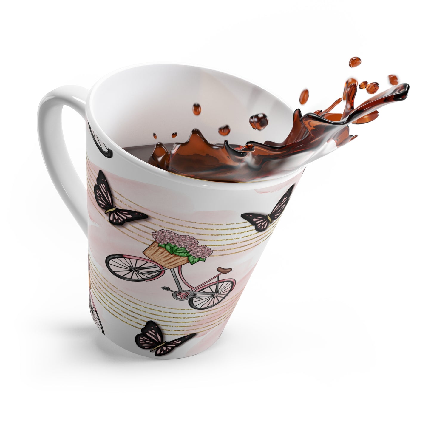 Pink Butterflies and Retro Bicycle Floral Coffee Latte Mug
