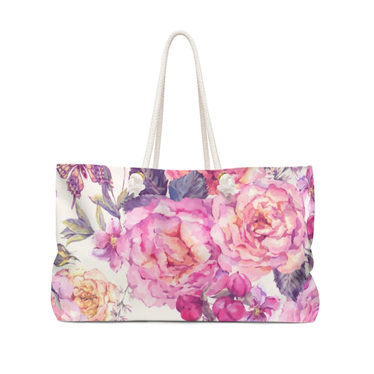 Pink and Lavender Floral Butterfly Weekender Bag