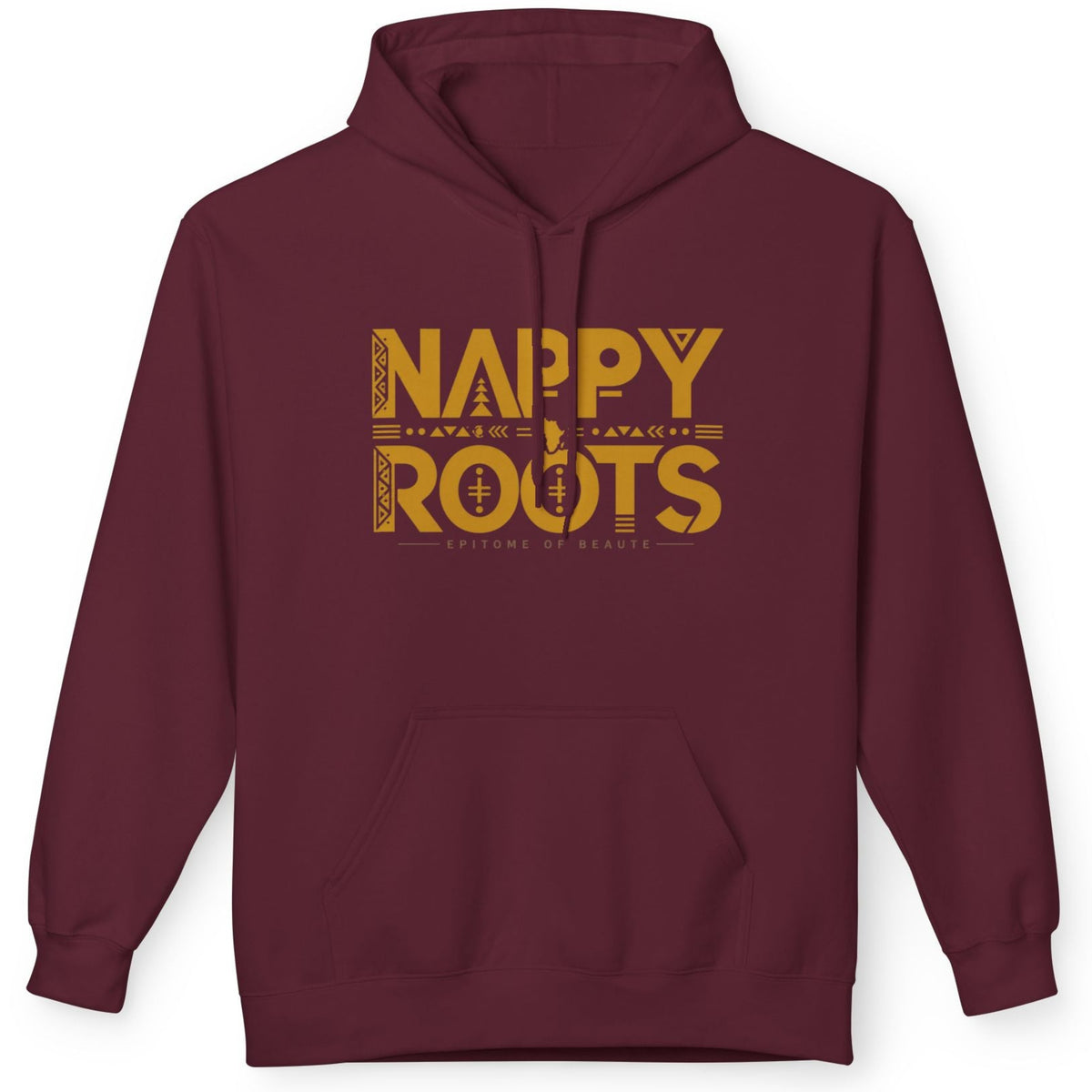 A maroon pullover hoodie with a distressed yellow graphic on the chest that reads 'NAPPY ROOTS' with 'FAMILY FIRST' underneath, displayed on a clean white background.