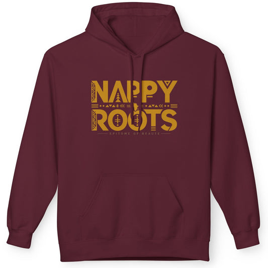 A maroon pullover hoodie with a distressed yellow graphic on the chest that reads 'NAPPY ROOTS' with 'FAMILY FIRST' underneath, displayed on a clean white background.