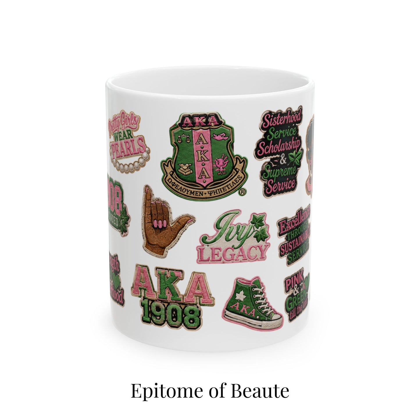 A white ceramic mug printed with multiple colorful AKA-themed patches and graphics, shown on a white background with the text 'Epitome of Beaute' below.
