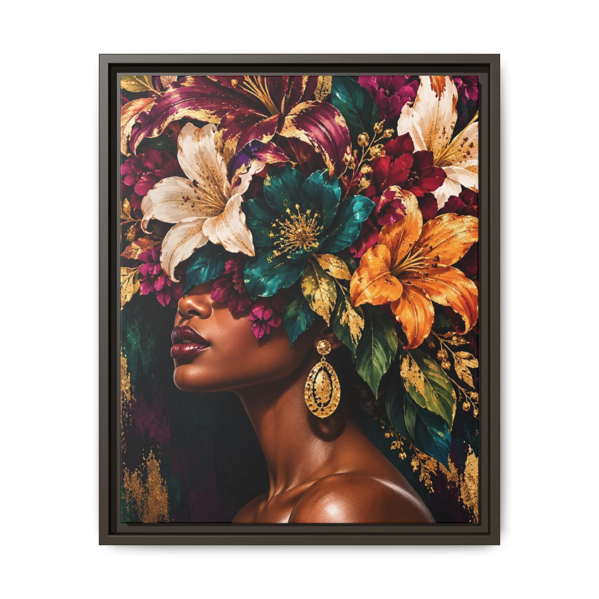 Floral Goddess Canvas | Framed Jewel-Tone Portrait Art, Framed (Multi-color)
