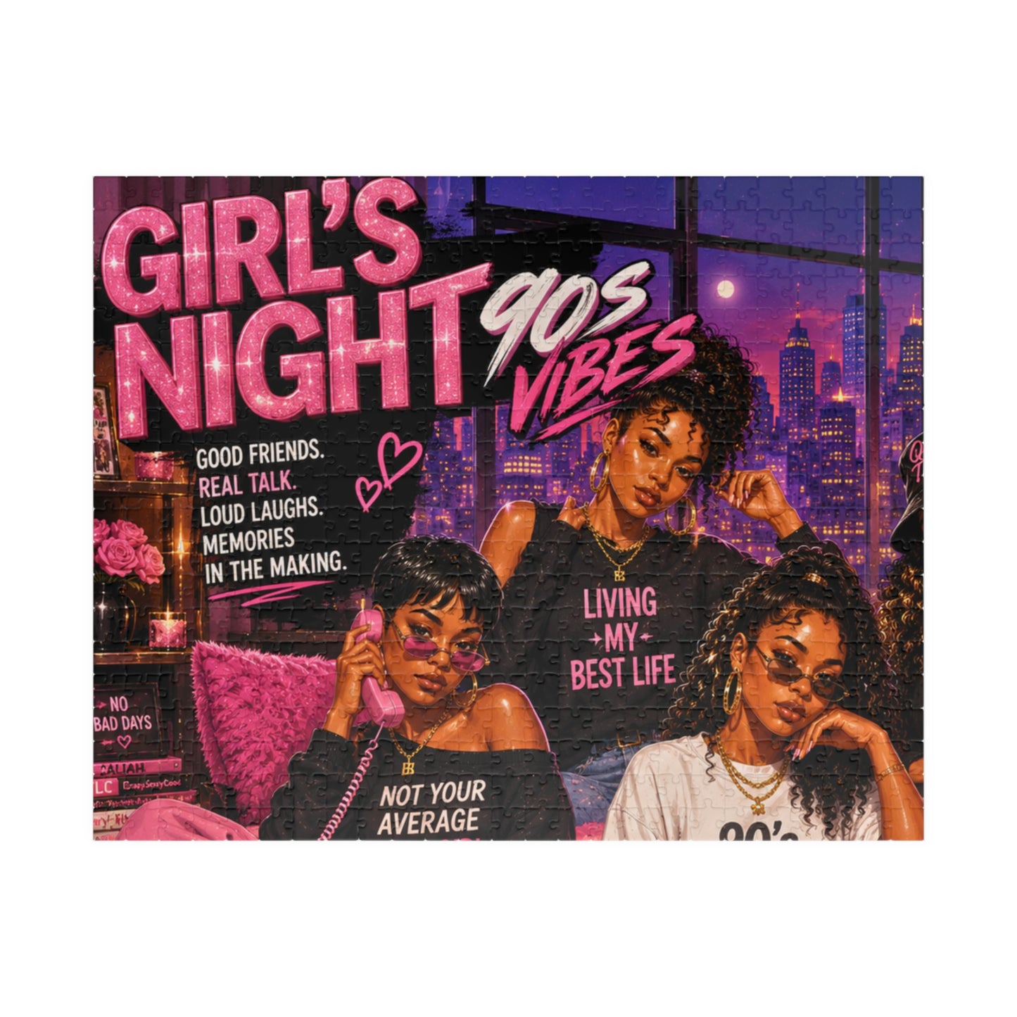 Girls Night 90s Vibes Jigsaw Puzzle – Retro Cityscapes, Friendship Quotes Puzzle (520/1014 pcs)