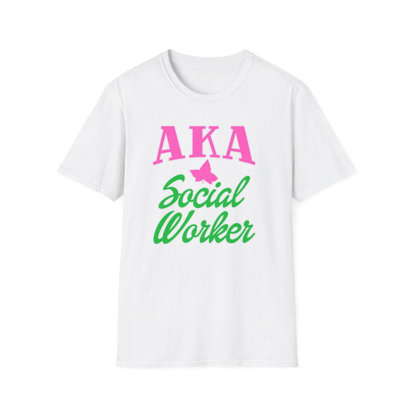 A white short-sleeve crewneck t-shirt with a graphic print on the front reading 'AKA Social Worker' in pink and green lettering, displayed on a clean white background.