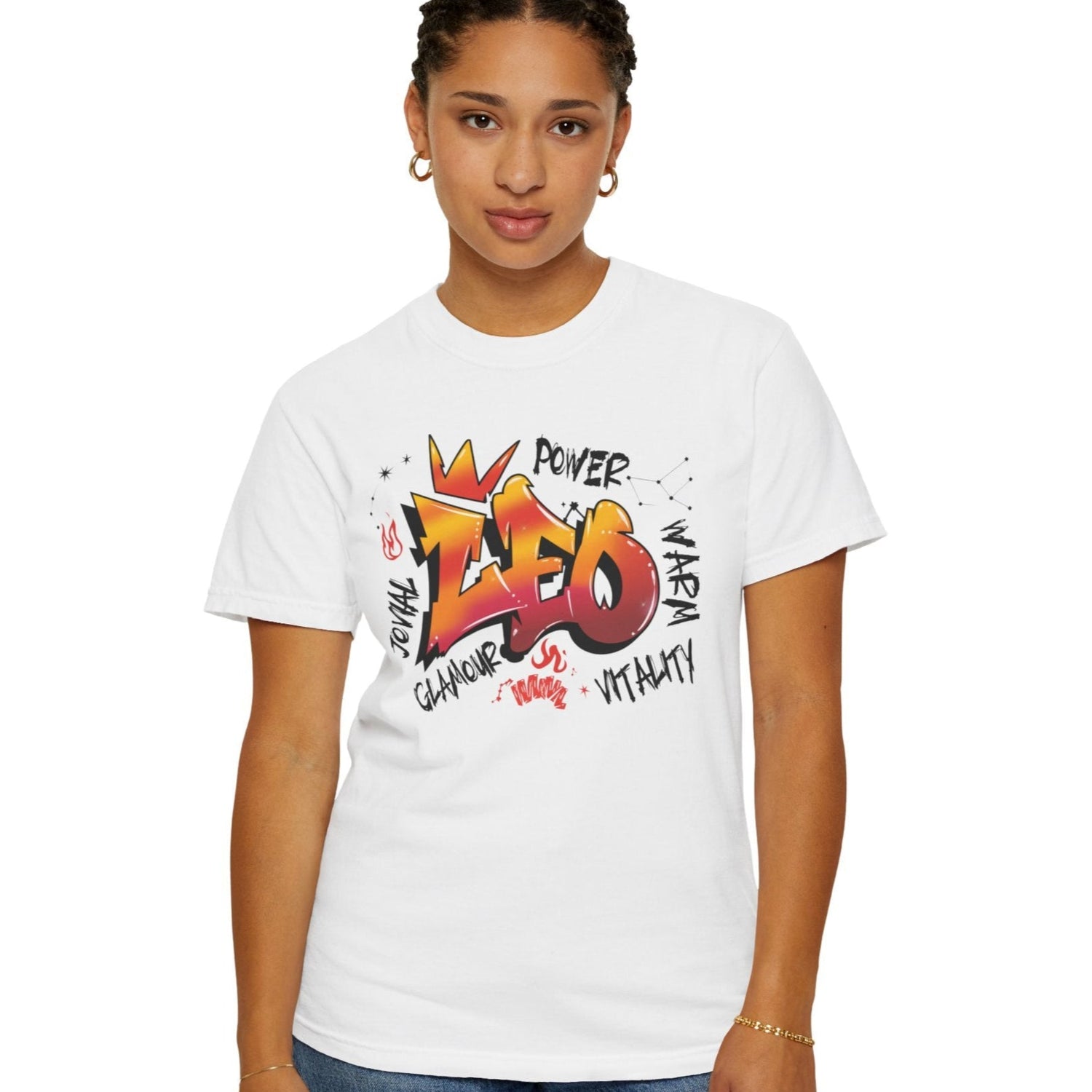 Person wearing a white t-shirt with colorful graphic design on a white background
