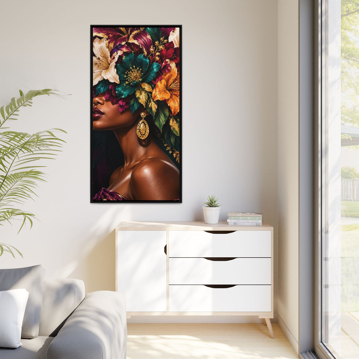 Floral Goddess Canvas | Framed Jewel-Tone Portrait Art, Framed (Multi-color)