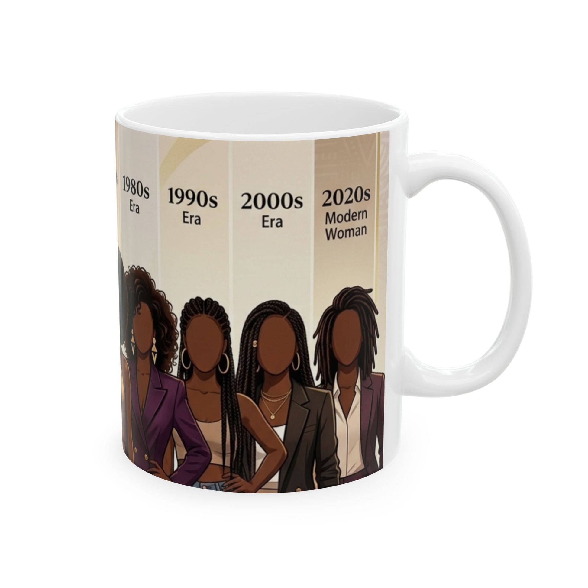A white ceramic mug featuring a printed graphic of four Black women in different eras (1980s, 1990s, 2000s, and 2020s) with the text 'Modern Woman' on a clean white background.