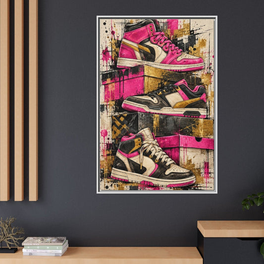 A framed wall art print featuring a collage of pink, black, white, and gold sneakers on a distressed background, displayed on a dark gray wall above a light wood console table.