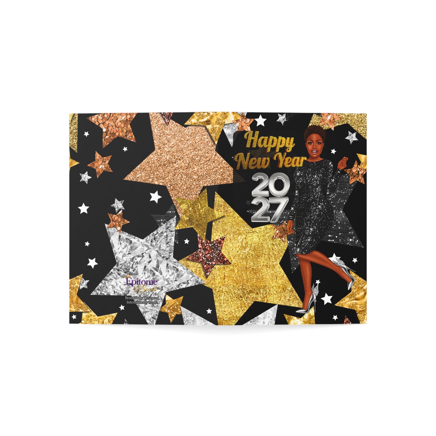 New Year 2027 Greeting Card – Glam Black & Gold Party Celebration Card