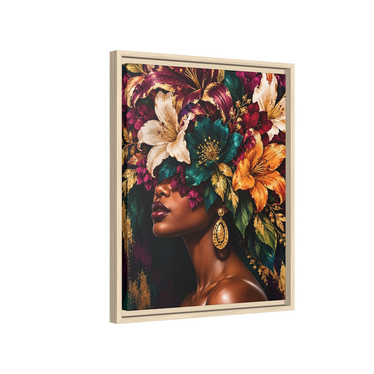 Floral Goddess Canvas | Framed Jewel-Tone Portrait Art, Framed (Multi-color)