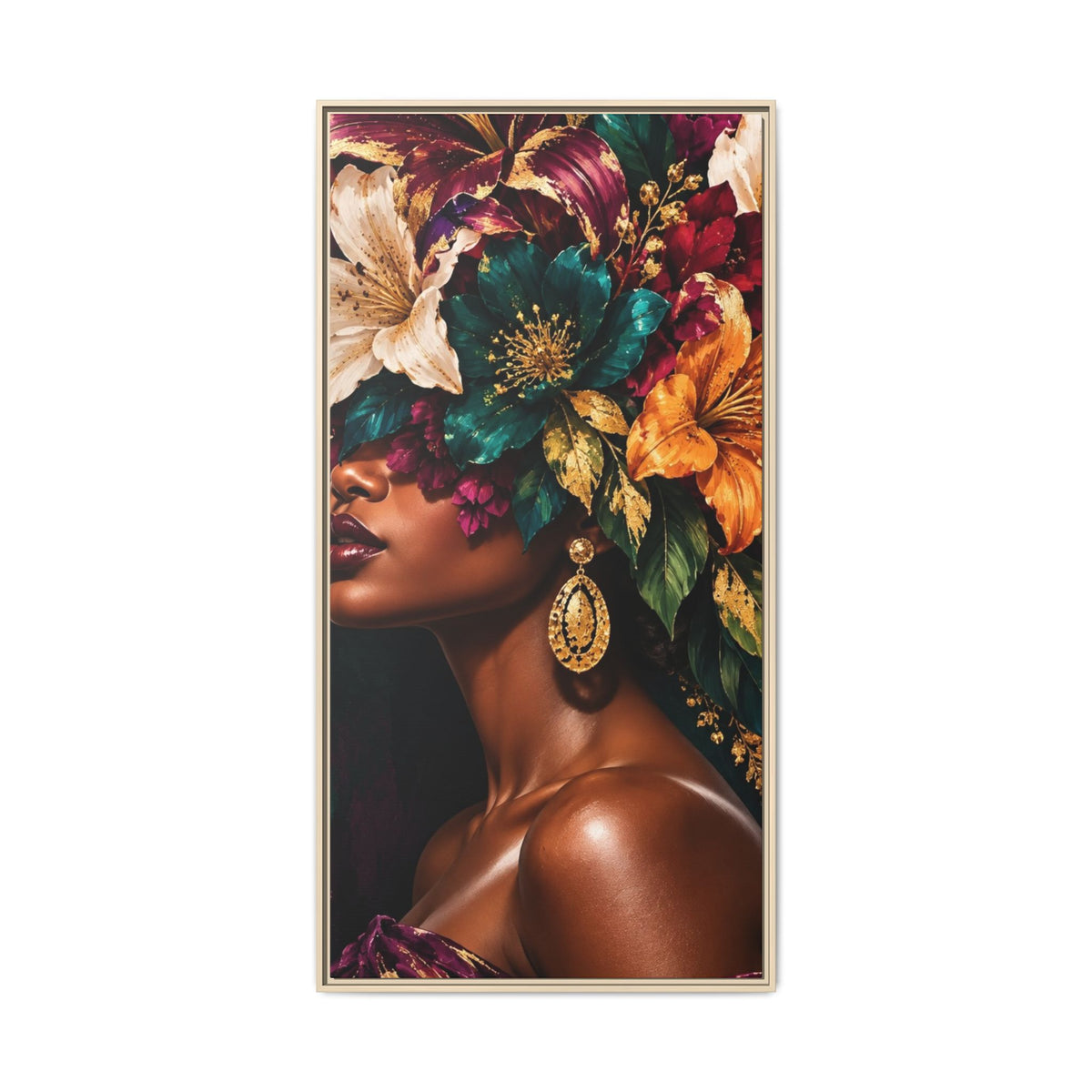 Floral Goddess Canvas | Framed Jewel-Tone Portrait Art, Framed (Multi-color)