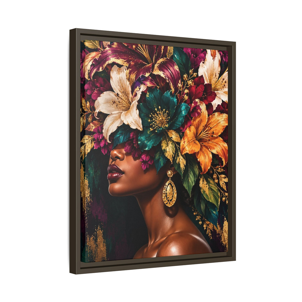 Floral Goddess Canvas | Framed Jewel-Tone Portrait Art, Framed (Multi-color)