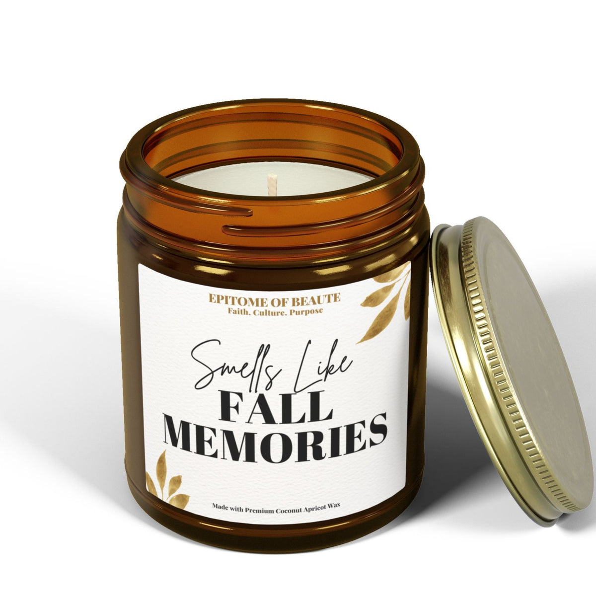 Candle in a glass jar with 'Smells Like Fall Memories' text on a cream textured background