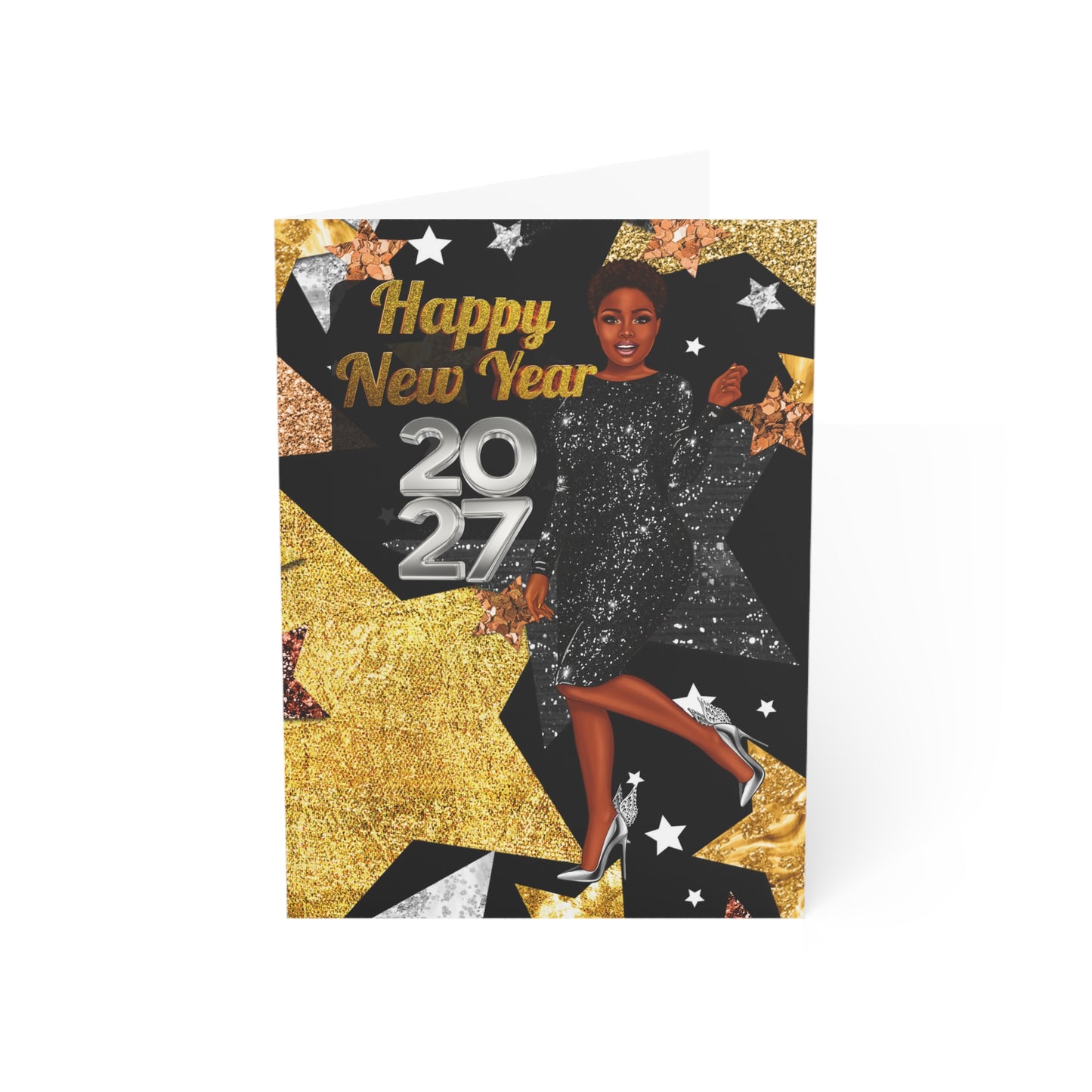 New Year 2027 Greeting Card – Glam Black & Gold Party Celebration Card