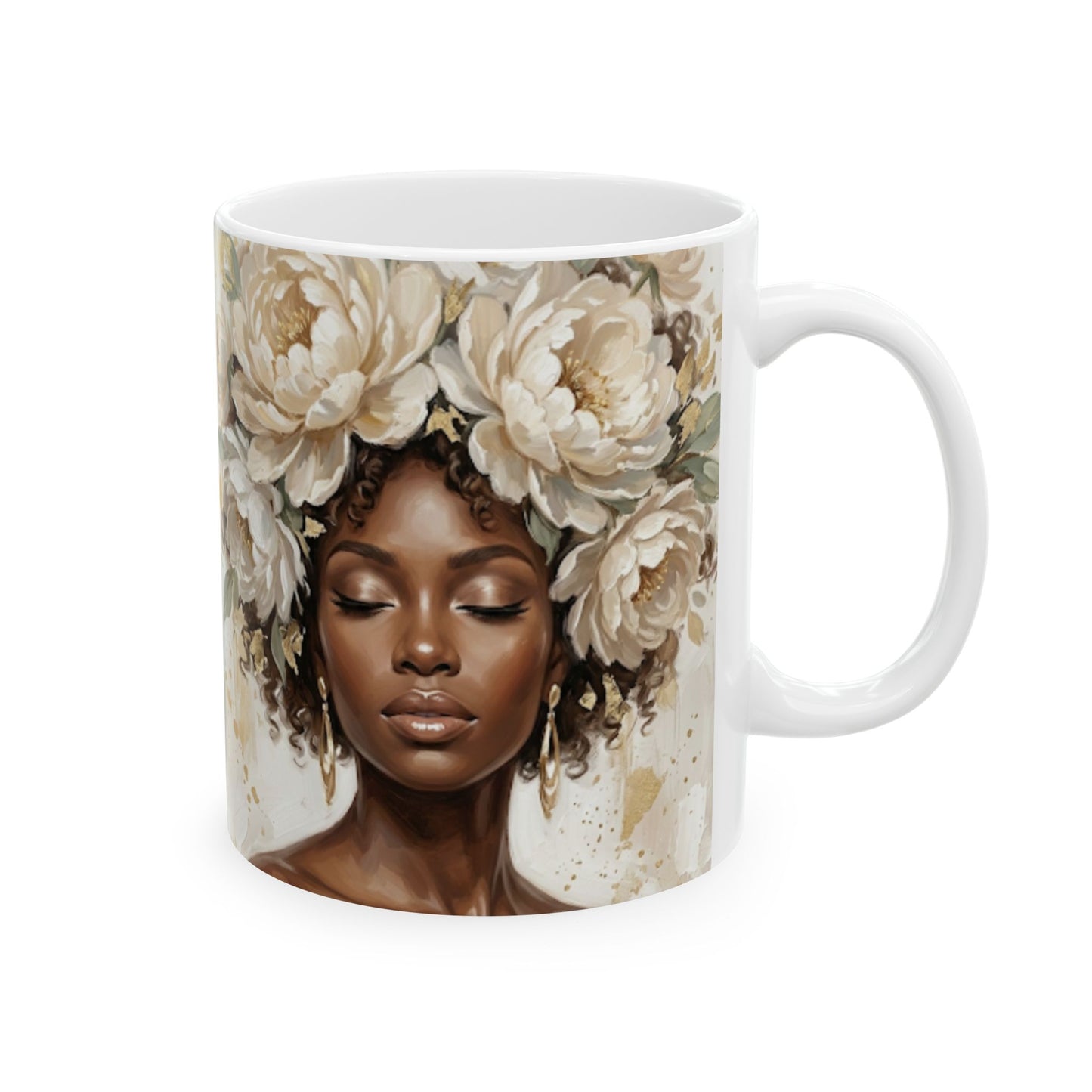 A white ceramic mug featuring a printed illustration of a woman with closed eyes and large cream-colored flowers in her hair, shown on a plain white background.