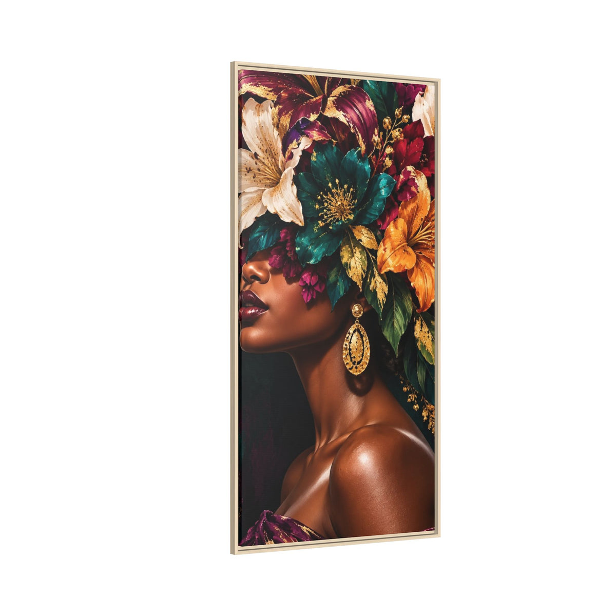 Floral Goddess Canvas | Framed Jewel-Tone Portrait Art, Framed (Multi-color)