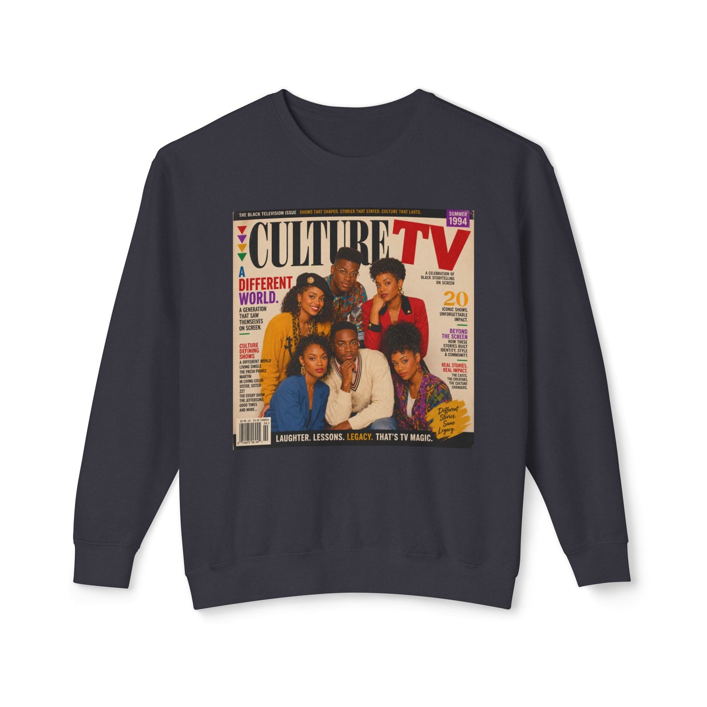 A dark navy crewneck sweatshirt featuring a large graphic print of a vintage 'Culture TV' magazine cover on the front, displayed against a clean white background.