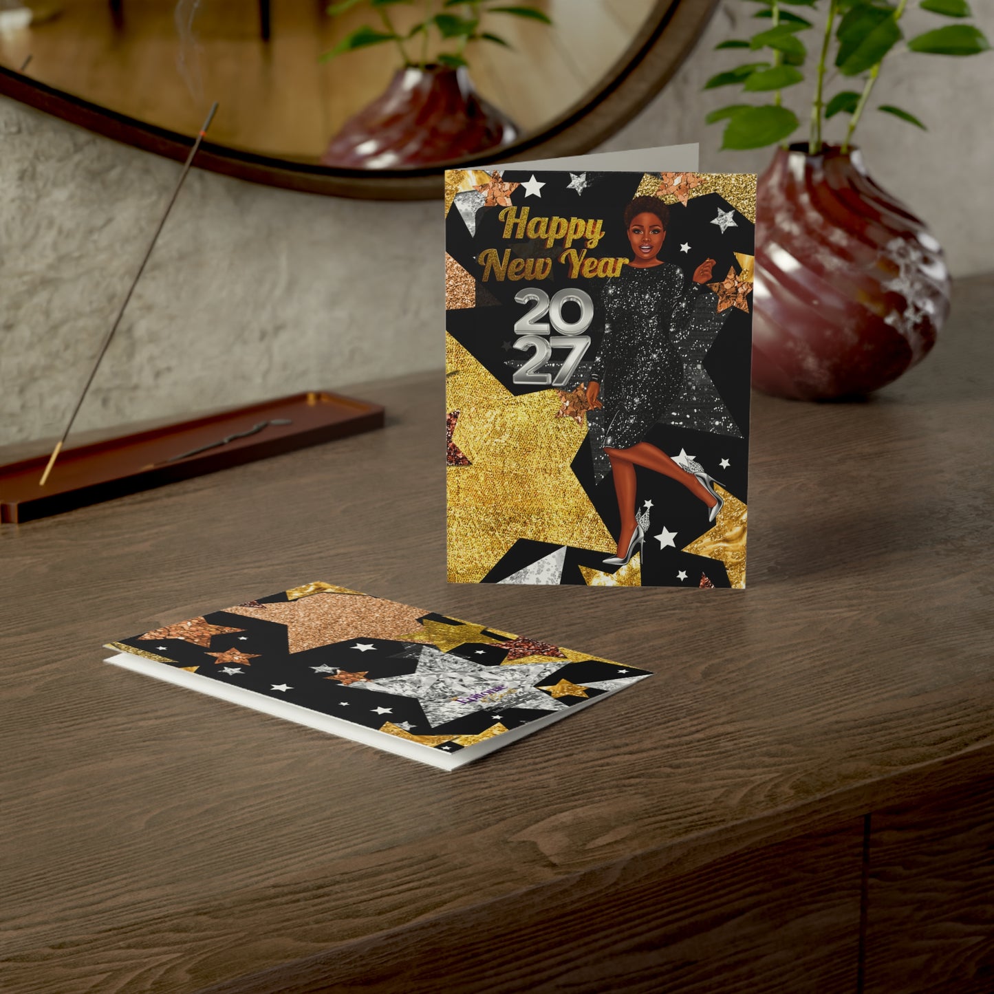 New Year 2027 Greeting Card – Glam Black & Gold Party Celebration Card