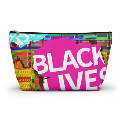 A rectangular zippered cosmetic pouch featuring a vibrant, multicolored glitch-art style graphic with a large pink shape and bold white text reading 'BLACK LIVES'.