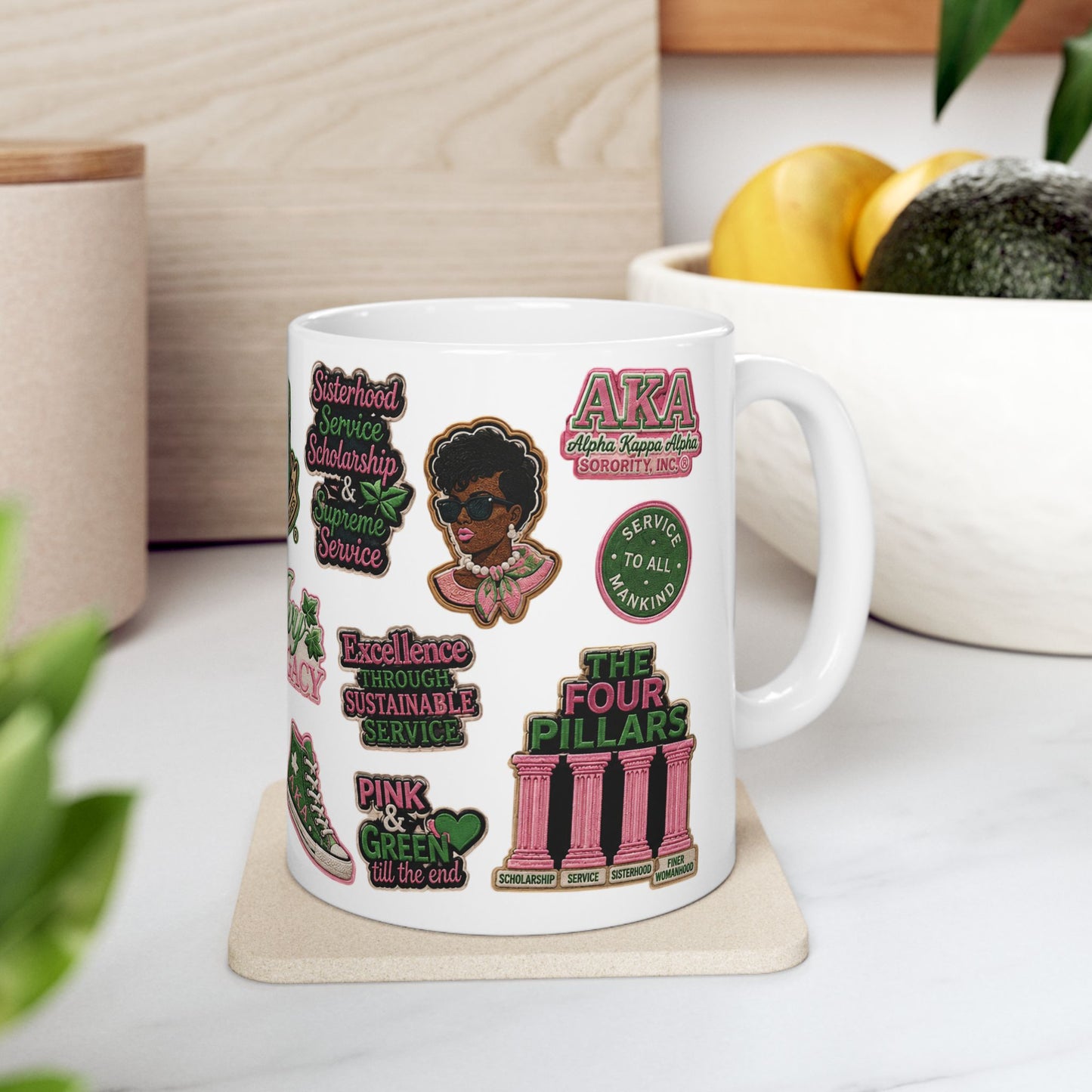 Alpha Kappa Alpha Collage Inspired Pink Green Mug