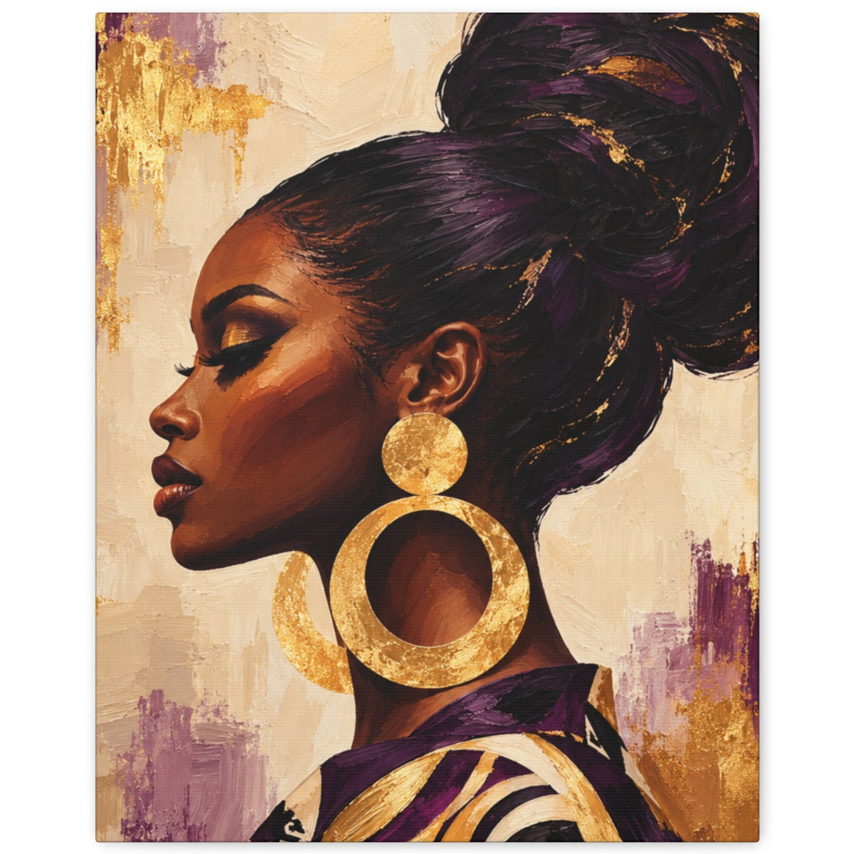 A vertical canvas art print featuring a stylized portrait painting of a woman in profile with dark purple hair in a high bun, wearing large gold hoop earrings and a purple and gold patterned top. The background of the artwork has textured beige and gold brushstrokes with purple accents.
