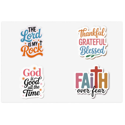 Four colorful religious quote stickers arranged in a 2x2 grid on a white background. The quotes read: 'The Lord is my Rock,' 'Thankful Grateful Blessed,' 'God is Good all the Time,' and 'FAiTH over fear.