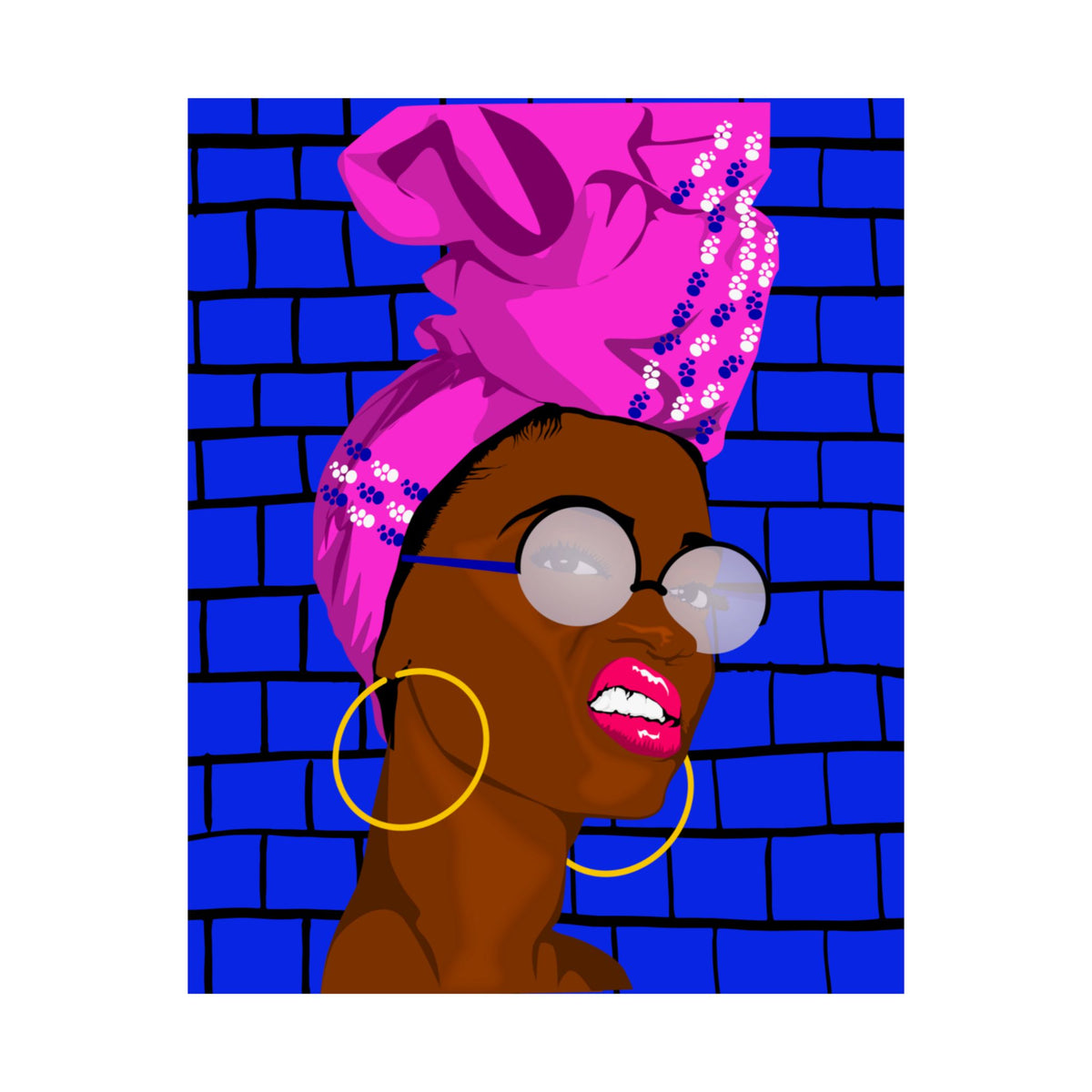 A stylized pop-art portrait print of a woman in profile wearing a bright pink headwrap with white floral details, round silver-framed glasses, large gold hoop earrings, and pink lipstick, set against a vivid blue brick wall background.