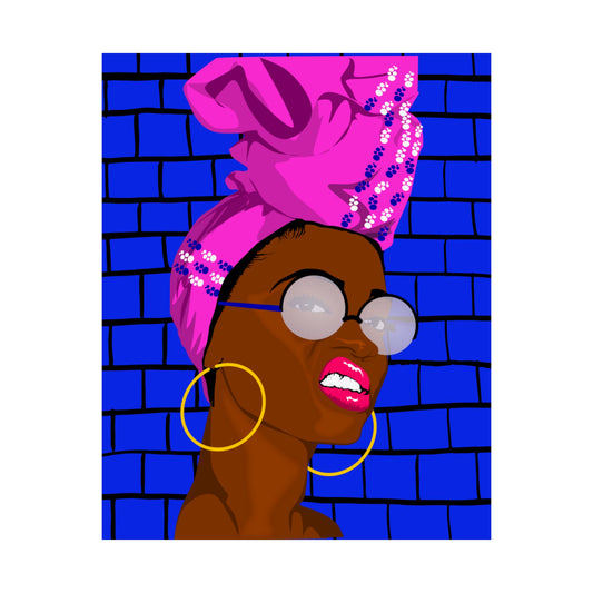 A stylized pop-art portrait print of a woman in profile wearing a bright pink headwrap with white floral details, round silver-framed glasses, large gold hoop earrings, and pink lipstick, set against a vivid blue brick wall background.