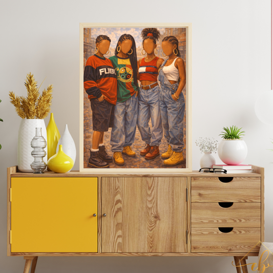 A framed art print depicting four children in colorful streetwear stands on a light wood sideboard in a styled room. The print is the product being sold, and the room setup with plants, vases, and decor serves as a lifestyle context.