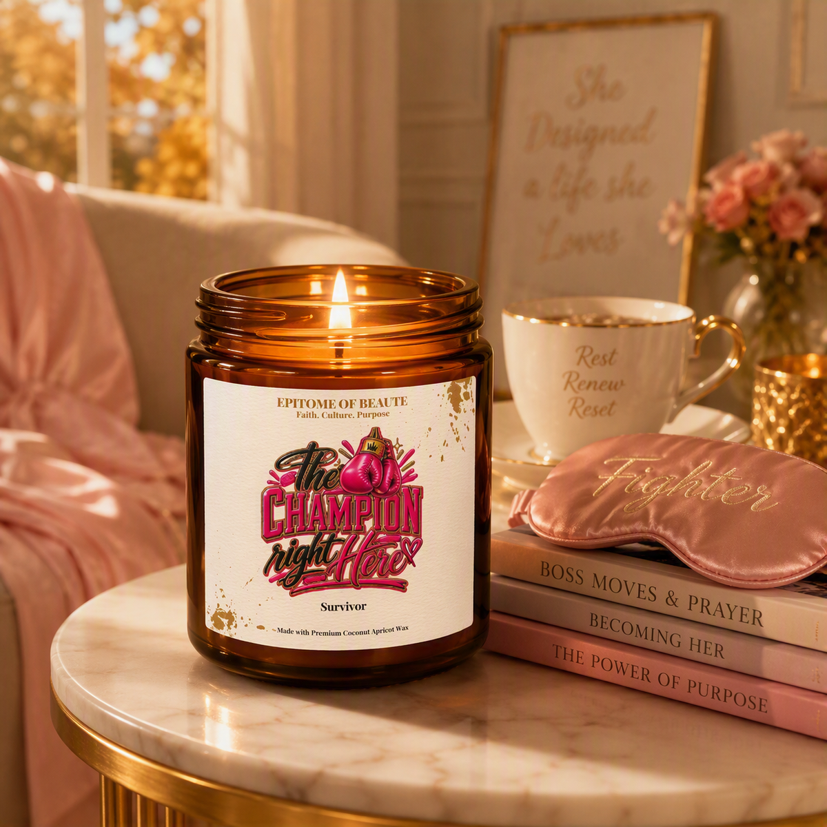 An amber glass jar candle with a lit flame sits on a marble-topped table in a warm, styled room. The label reads 'The Champion Night Her Survivor' and includes the brand name 'Epitome of Beauty.
