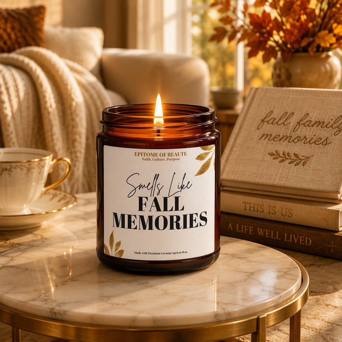 A lit amber glass jar candle sits on a marble side table in a cozy living room setting. The label reads 'Smells Like FALL MEMORIES' with 'Euphoric of Beauty' at the top.