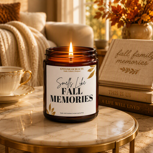A lit amber glass jar candle sits on a marble side table in a cozy living room setting. The label reads 'Smells Like FALL MEMORIES' with 'Euphoric of Beauty' at the top.