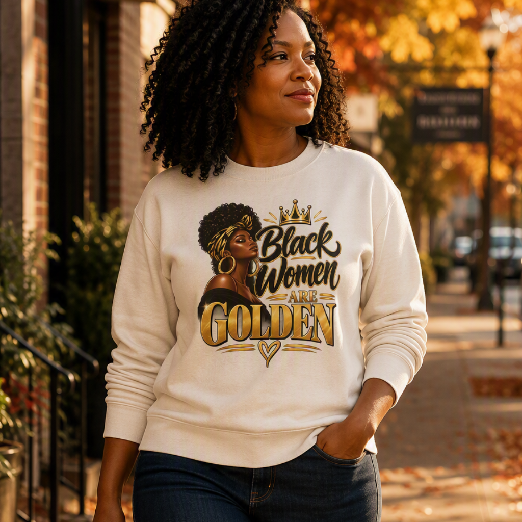 A woman walking on an autumn street wearing a cream-colored sweatshirt with a graphic that reads 'Black Women Are Golden' in gold lettering, paired with dark blue jeans.
