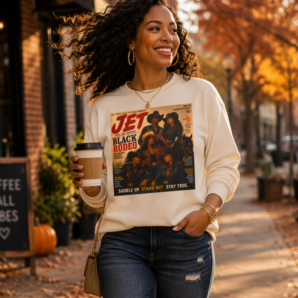 A woman walking on an autumn street wearing a cream sweatshirt with a vintage-style 'Jet Black Roads' graphic print, paired with distressed blue jeans and holding a coffee cup.