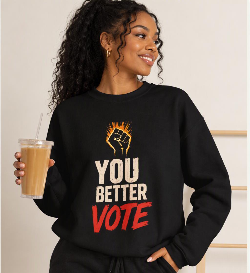 A woman wearing a black crewneck sweatshirt with a graphic that reads 'YOU BETTER VOTE' in white and red, with a raised fist symbol above. She is holding an iced coffee and wearing matching black sweatpants in a brightly lit indoor setting.