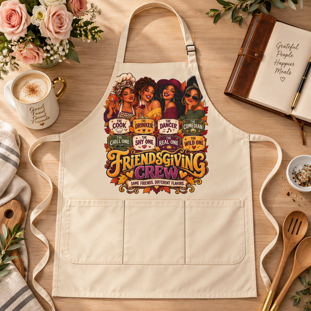 A cream-colored apron with a colorful graphic print of five women and the text 'Friendsgiving Crew' styled on a wooden table with flowers, a mug, an open book, and kitchen utensils.