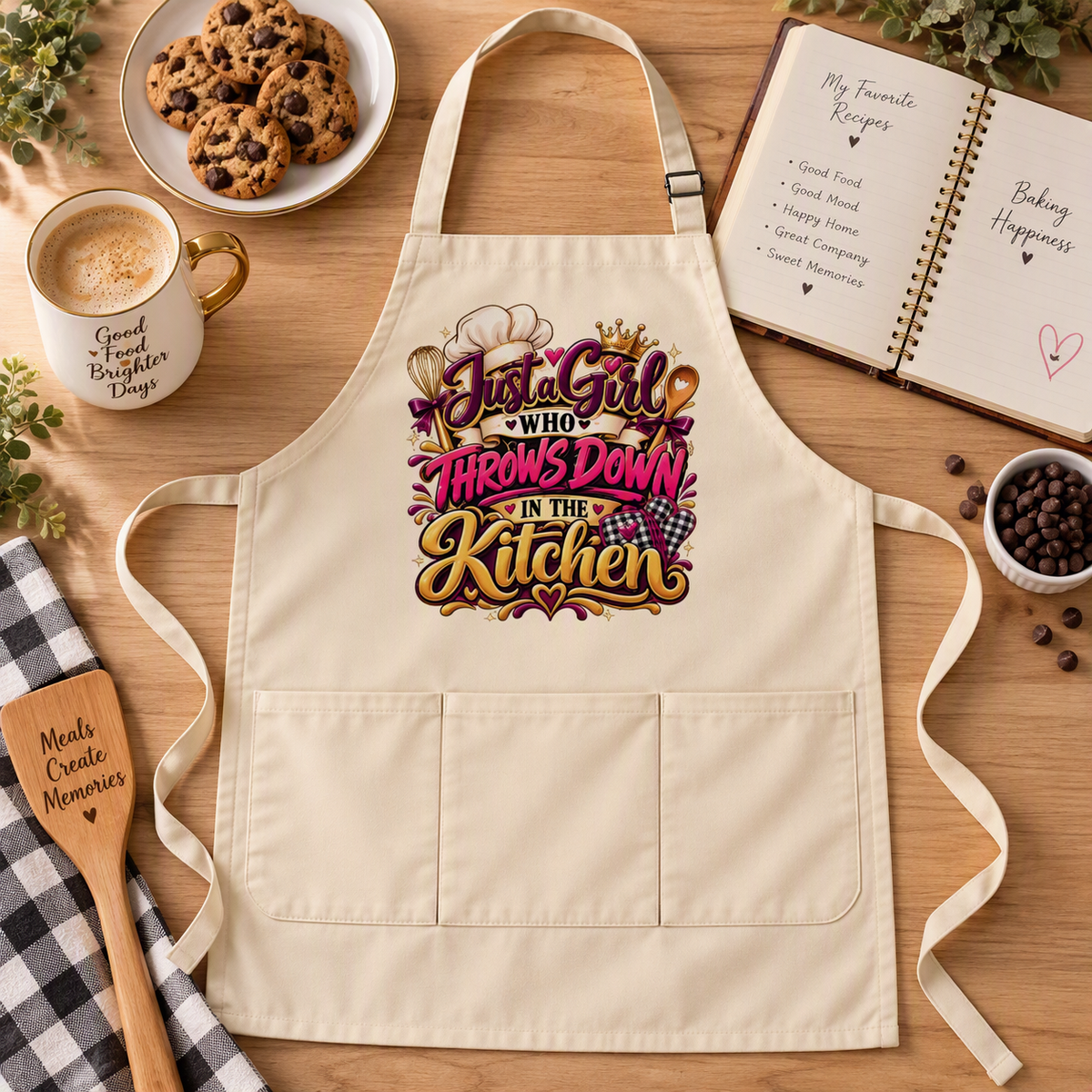 A cream-colored kitchen apron with a colorful graphic reading 'Just a Girl Who Throws Down in the Kitchen' in pink, purple, and gold lettering. The apron is displayed in a styled flat lay on a wooden table surrounded by baking props, including a coffee mug, chocolate chip cookies, an open recipe book, a wooden spoon, and coffee beans.