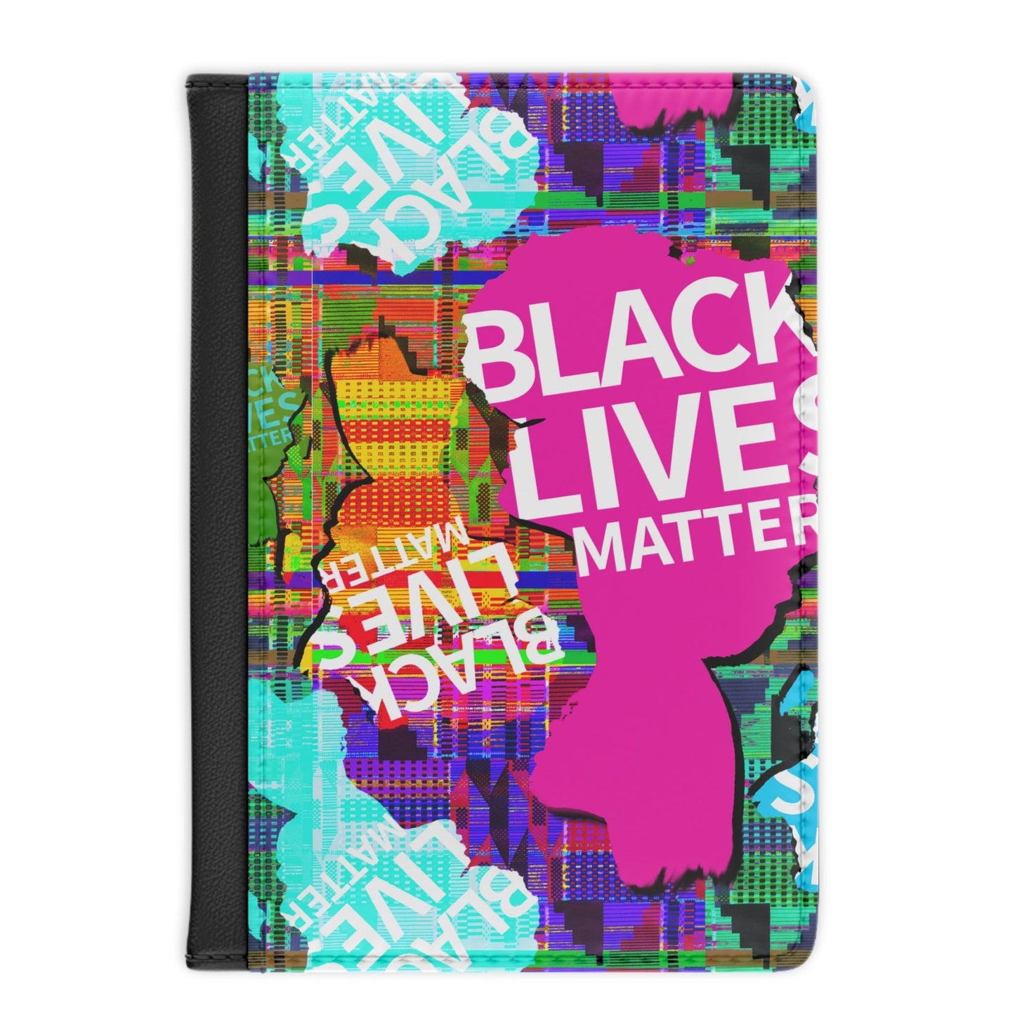 A protective folio case featuring a vibrant, multicolored Black Lives Matter design with a pink silhouette, on a solid white background.