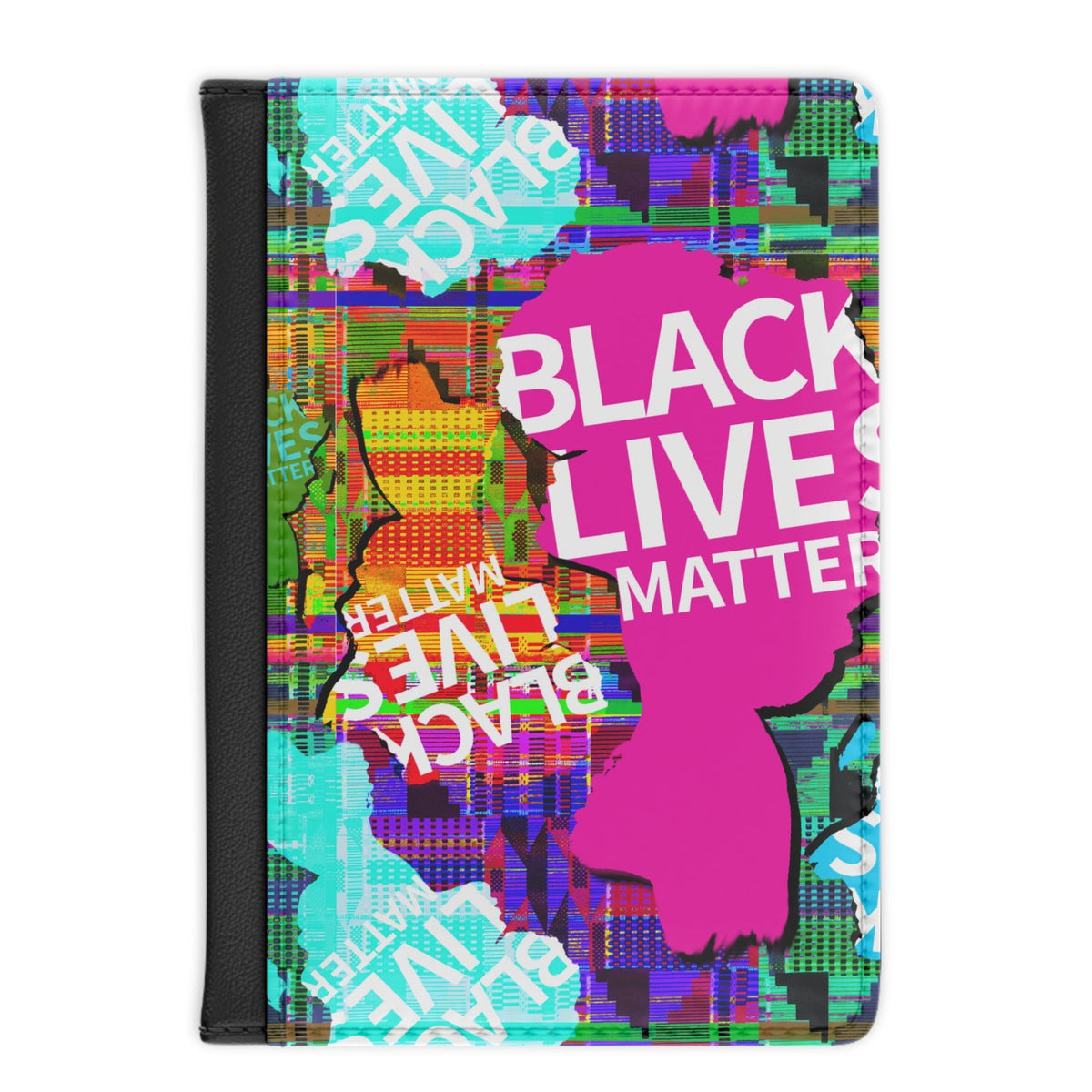 A protective folio case featuring a vibrant, multicolored Black Lives Matter design with a pink silhouette, on a solid white background.