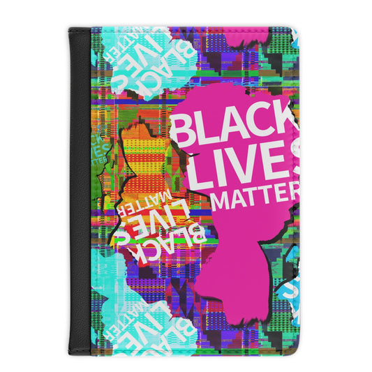A protective folio case featuring a vibrant, multicolored Black Lives Matter design with a pink silhouette, on a solid white background.