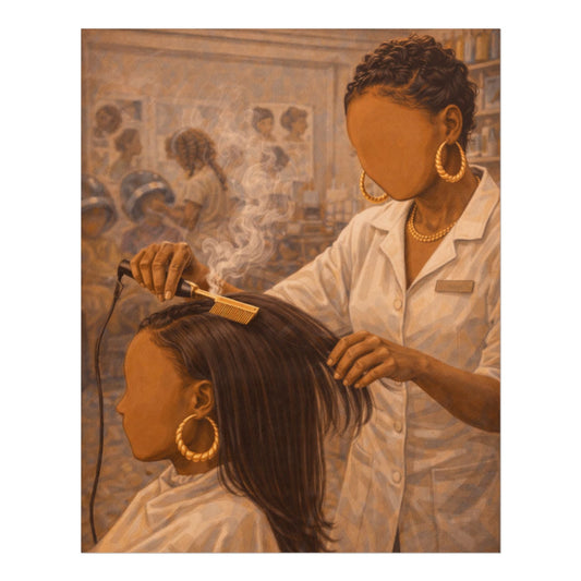 A warm-toned painting depicting a hairstylist using a flat iron on a client's hair inside a salon. The figures are rendered in a stylized, faceless manner with a sepia palette, and the artwork is centered on a white background.