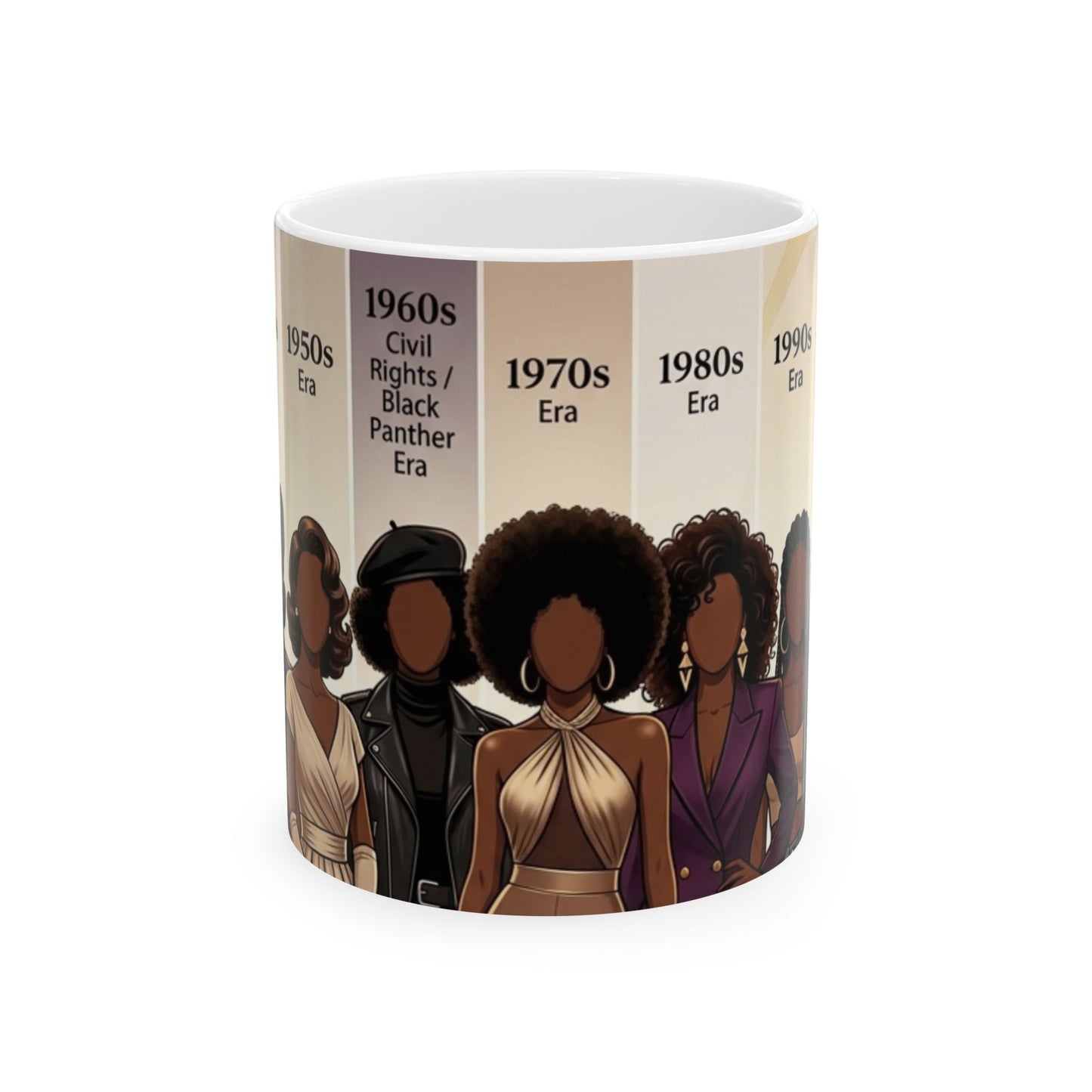 A white ceramic mug featuring a printed graphic of four Black women with different hairstyles and clothing, set against a timeline background labeled with decades from the 1950s to the 2010s.